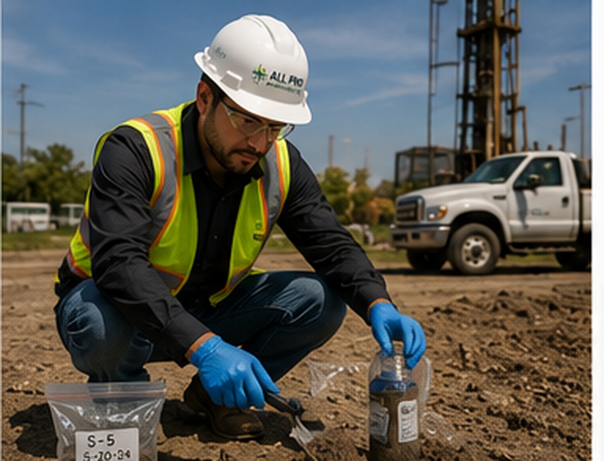 All Pro Environmental technician collecting soil samples during a Phase II Environmental Site Assessment in Southern California.